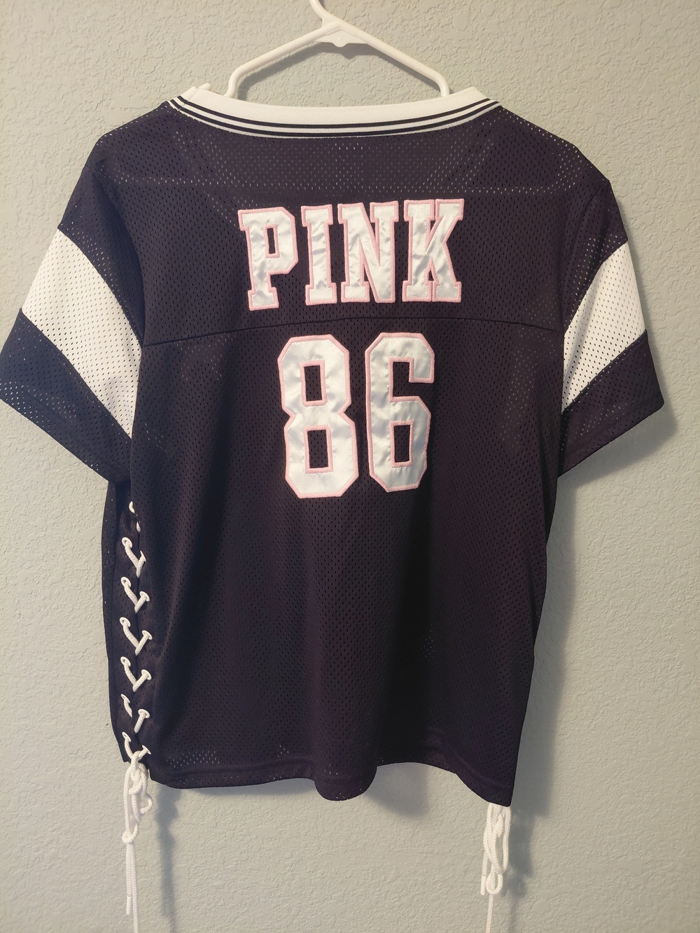PINK Victoria's Secret Black Mesh Football Tee with Lace-Up Sides